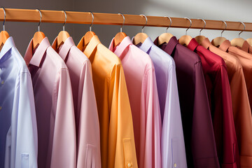 Fototapeta premium Colorful assortment of dress shirts displayed on hangers in a retail store showcasing various shades and styles