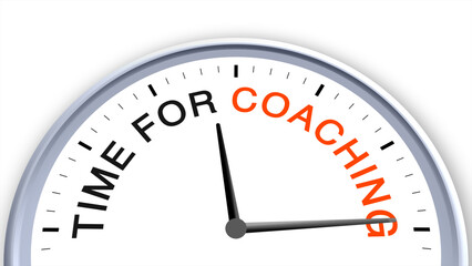 Time for coaching concept illustrated on a clock, symbolizing guidance, mentorship, learning, productivity, schedule, and daily routine, with a clean minimal illustrative design