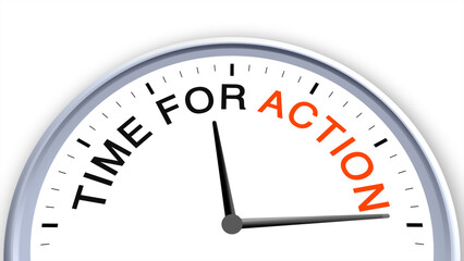Time for action concept illustrated on a clock, symbolizing urgency, motivation, productivity, task management, and schedule, with a clean minimal illustrative design