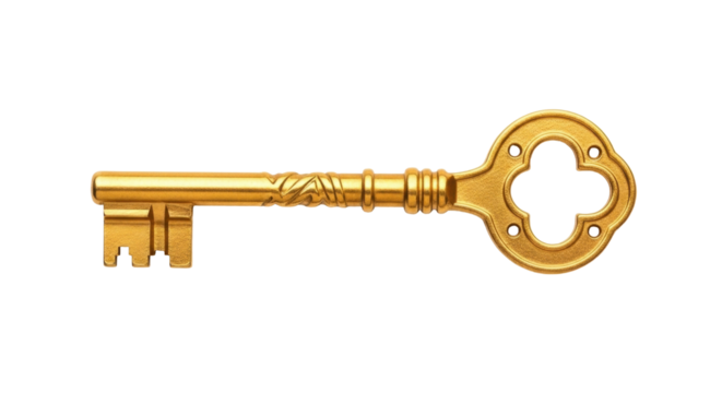 Isolated ornate vintage gold key, antique metal object for lock opening, ancient treasure concept