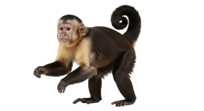 Isolated Capuchin Monkey Standing on All Fours and Looking Ahead Curious and Focused