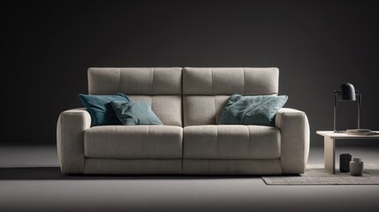 Modern cream sofa with blue pillows in a minimalist living room setting