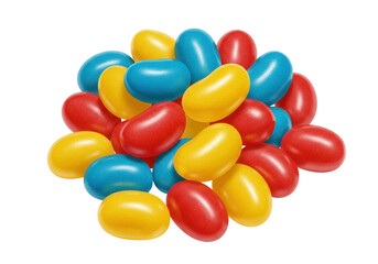 Isolated bunch of jelly beans candy in three colors, red, yellow, and blue, nobody else present