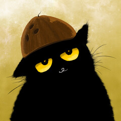 A black cat with a coconut shell on its head