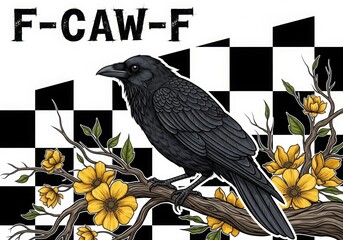 Illustration of a black crow perched on a branch with yellow flowers isolated on white background