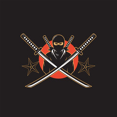 Fototapeta premium A graphic of a ninja warrior with crossed swords and shurikens.