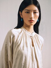 Close-up portrait of a young woman wearing a cream blouse and turquoise earrings.