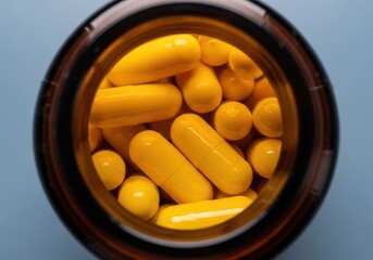 A closeup view from above into a brown glass bottle filled with yellow capsules