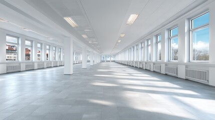 Modern empty office space interior with bright windows and concrete floor