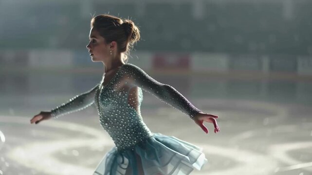 Graceful Figure Skater in Sparkling Blue Dress Performing on Ice Rink