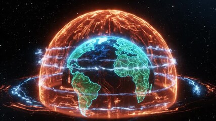Vibrant digital representation of Earth showcases glowing globe with intricate circuit patterns, featuring blue oceans and green landmasses, surrounded by cosmic energy field - Powered by Adobe