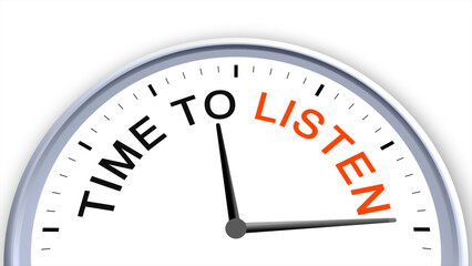 Time to listen concept illustrated on a clock, symbolizing attention, mindfulness, communication, focus, and awareness, capturing the importance of listening and being present with a clean minimal