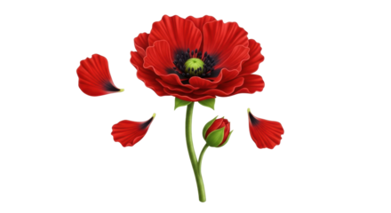 Isolated bright red poppy flower, open and closed buds, and fallen petals, no background