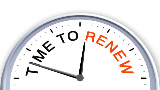 Time to renew concept illustrated on a clock, symbolizing rejuvenation, fresh start, wellness, growth, and self-care, capturing the essence of revitalization and positive change with a clean minimal