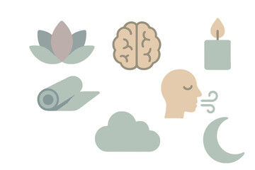 Collection of icons representing mindfulness meditation yoga brain health and relaxation