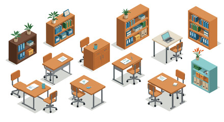Obraz premium Isometric office furniture set with desks, chairs, and bookshelves for modern workplace design