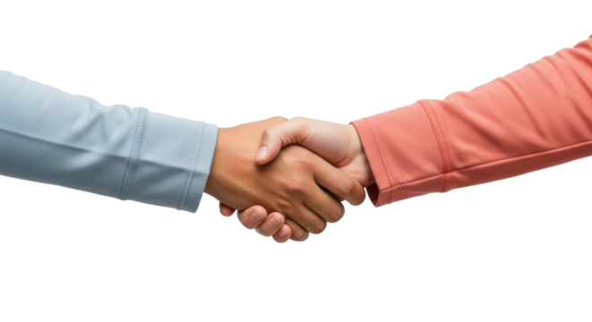 Isolated handshake between a business person or a teammate, signifying agreement or teamwork