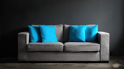 Modern gray sofa with blue pillows against a dark wall