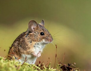 Obraz premium Small brown mouse Microtus arvalis exploring a lush, green forest floor during daylight hours in spring