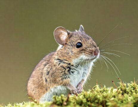 Small rodent Microtus arvalis sits on moss with soft focus background in natural habitat during daytime
