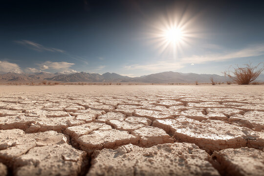 Desert sun over parched cracked ground with wide horizon and clear sky