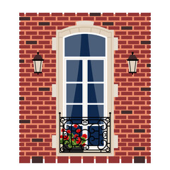 French-style window with a small balcony and a wrought-iron railing, drawn in a flat style and highlighted on a white background. traditional French window, a detail of a national French house. stock 