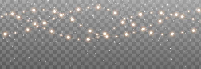 Glowing Christmas lights and garlands isolated on transparent transparent dark background. Bright glowing lamps for holiday design, poster, card, banner or web decoration. Vector illustration of festi © Ihor Nemynushchyi