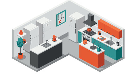 Modern isometric kitchen design with appliances and decor in bright colors