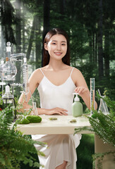 A woman in a white dress presenting natural skincare products in a forest setting.