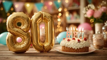Joyful image of an 80th birthday party, focusing on large gold '80' balloons, with a candle-lit cake and colorful bokeh lights in the background.