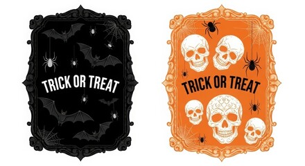 Illustration of trick or treat halloween frame with skull and bat isolated on white background