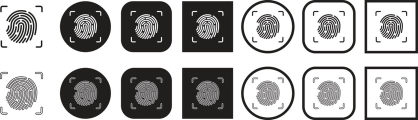 Fingerprint scan icon set, collection and group in flat and line style vector illustration, biometric security symbol bundle with identity, touch ID, login and authentication synonyms
