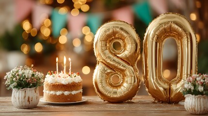 Joyful image of an 80th birthday party, focusing on large gold '80' balloons, with a candle-lit cake and colorful bokeh lights in the background.