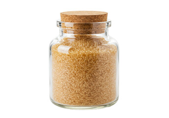 Isolated jar of brown sugar granules with a cork top for cooking and baking purposes