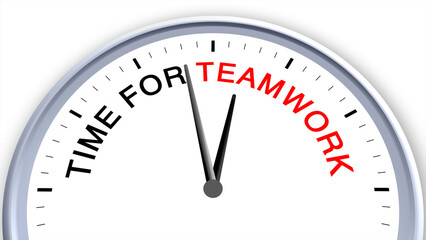 Time for teamwork concept illustrated on a clock, symbolizing collaboration, cooperation, productivity, planning, and coordination, capturing the importance of working together with a clean minimal