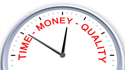 Time, money, and quality concept illustrated on a clock, symbolizing efficiency, productivity, value, and planning, capturing the balance between resources and outcomes with a clean minimal design