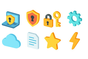 Obraz premium Security, privacy 3d icon set. Protection and encryption symbols in 3d style