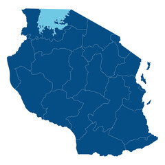 Tanzania map regions with Victoria Lake. Map of Tanzania regions in blue color