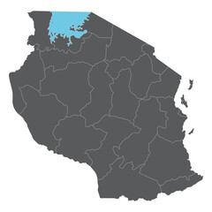 Obraz premium Tanzania map regions with Victoria Lake. Map of Tanzania regions in grey color