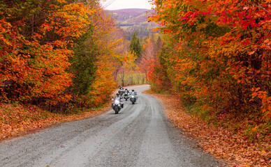 Motorcycles driving along an autumn country road, Wakefield, Quebec, Canada 
