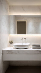 Fototapeta premium Modern bathroom, white marble, minimalist, sink, soft light, elegant
