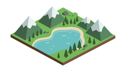 Tranquil isometric mountain lake scene with snowy peaks and pine trees