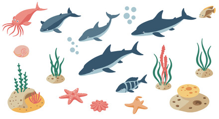 Underwater life with dolphins and sea creatures in flat design