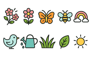Fototapeta premium Gardening, nature flat icon set. Flowers, insects, birds, weather colorful collection