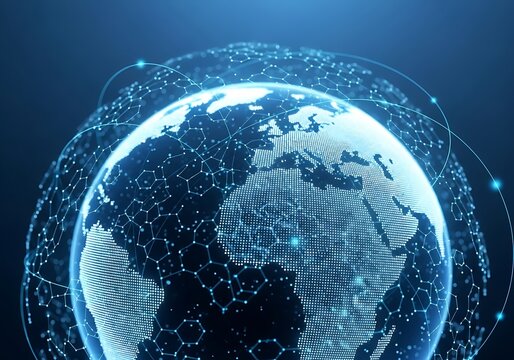 Digital globe with glowing connections and network grid overlay, representing global connectivity, technology, and data transfer in a futuristic abstract concept - Powered by Adobe