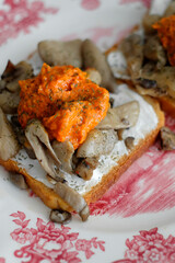 Elegant home brunch with mushroom toasts on vintage red plate