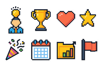 Pixel art icon set. Retro, achievement, celebration icons in pixel style