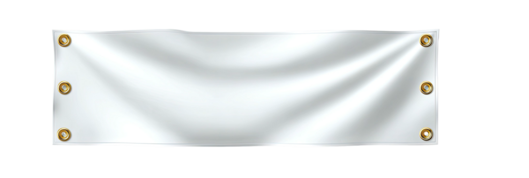 A plain, white banner, held by six brass grommets, against a black background, slightly wavy
