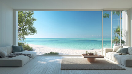 Fototapeta premium Modern Minimalist Living Room with Large Window Overlooking Tropical Beach and Turquoise Ocean