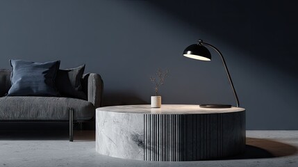 Modern interior design with lamp on round table against dark wall
